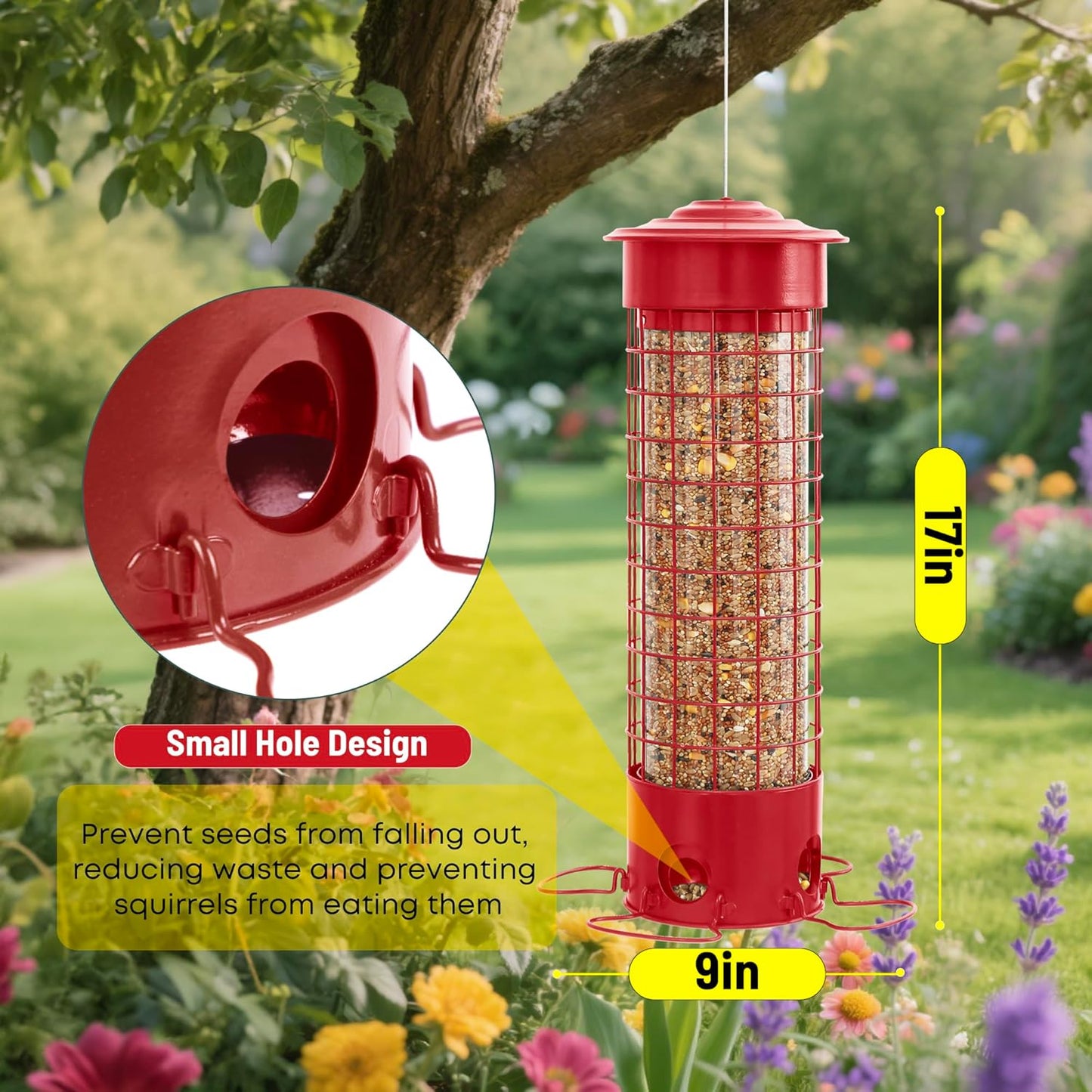 Squirrel Proof Bird Feeders, Metal Wild Bird Feeder for Outdoors Hanging, Weight Activated Squirrel Buster for Chickadees, Goldfinches, Cardinals, Chew-Proof, 4.4LB Large Capacity, Red
