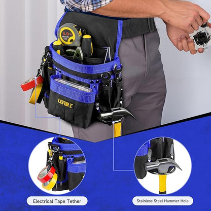 Tool Belt,Magnetic Tool Pouch,14-Pockets Tool Belts for Men,Detachable & Adjustable Tool Pouch belt for Electrician,Carpenter,Construction,Work Apron,Utility Belt,Black-Blue
