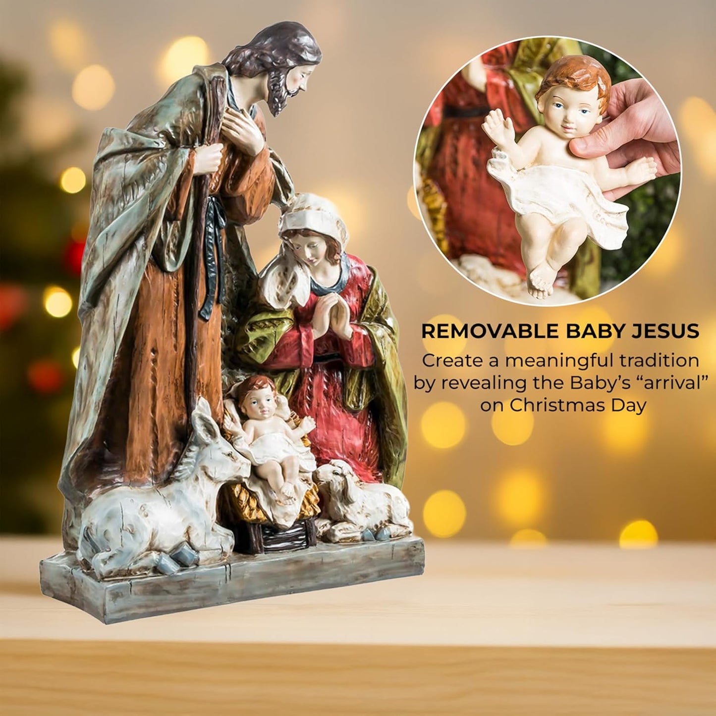 Holy Family Nativity Scene for Christmas Indoor and Outdoor Statue | 32 inches tall | Set with 3 Pieces Mary Joseph and Removable Baby Jesus | Religious Decorations Holiday Collection and Gifts