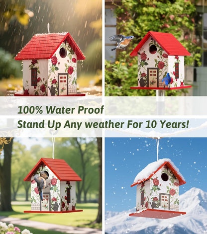 Spring Melody Bird House, Composite Material Nesting Box, Hanging Birdhouse for Blue Bird, Squirrel Proof Birdhouse for Outside, 10 Years Water Proof Weatherable Pole Mountable Bird House (Red)