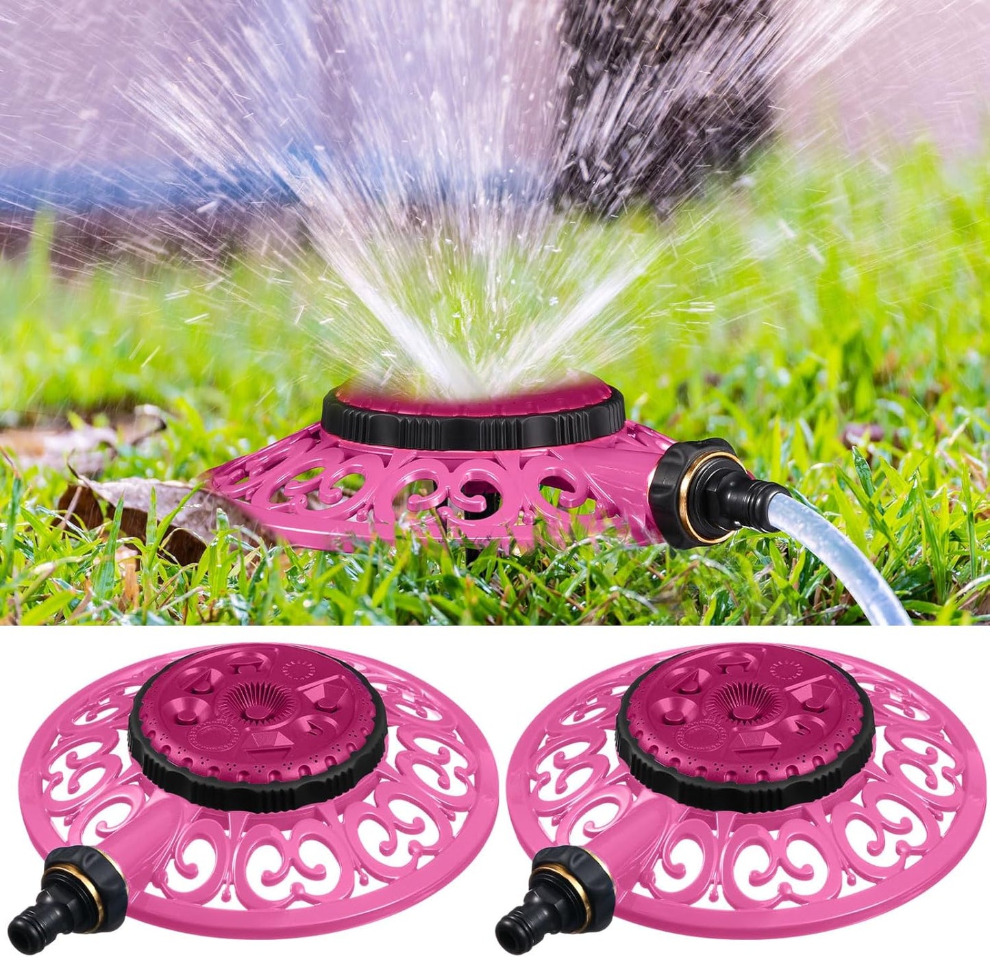 2 Pcs Lawn Sprinkler with Metal Decorative Base 8 Pattern Stationary Water Sprinkler Automatic Turret Pattern Sprinkler for Watering Yard, Lawns, Garden, Odd Shaped Areas (Pink)