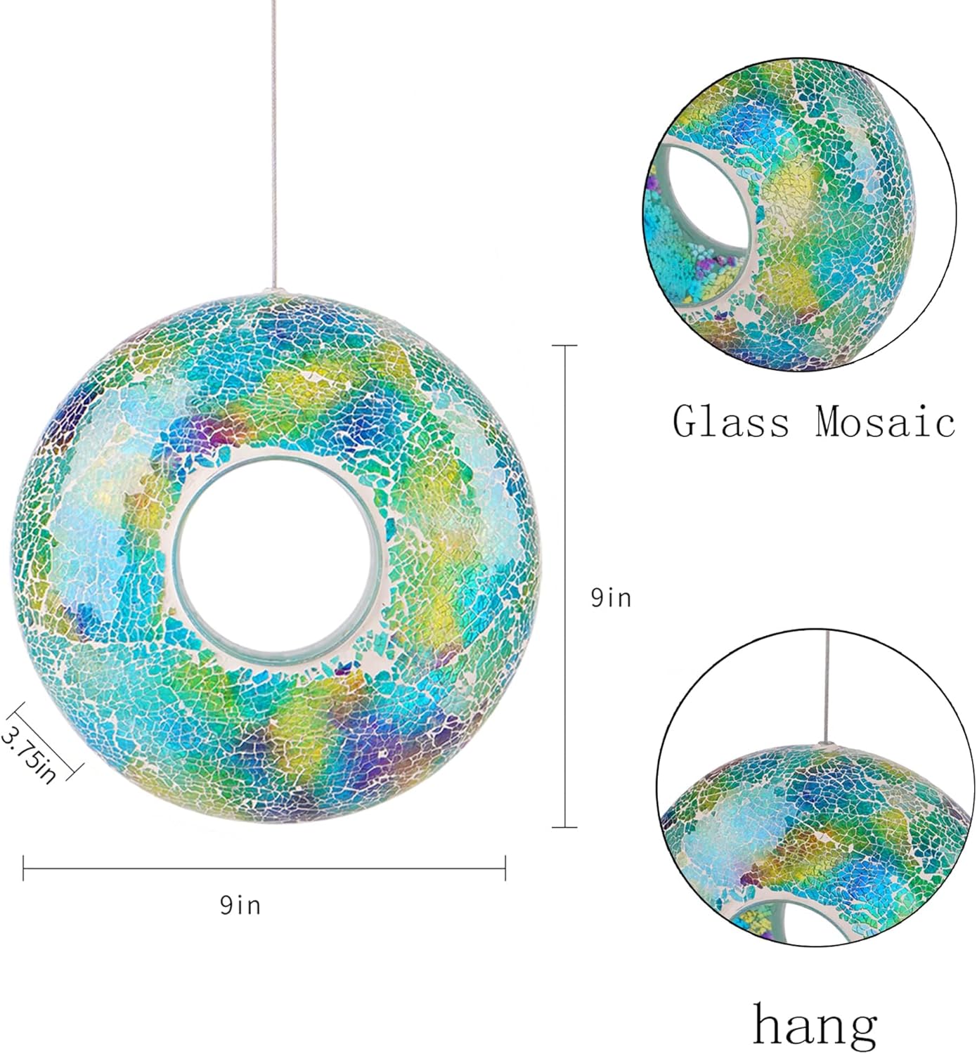 Mosaic Bird Feeder - Outdoor Fly Through Wild Hanging Bird Feeders with Mosaic Glass Design, 9 Inch, Blue