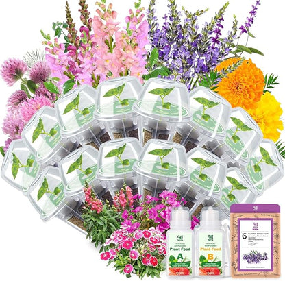 Flower Seed Pod Kit, Grow Anything Kit for All Hydroponics Growing Systems, 14 Pods with 600+ Seeds of Cascading Petunia Flower/Lavender/Dark Pink Dianthus/Clover/Snapdragon/Marigold