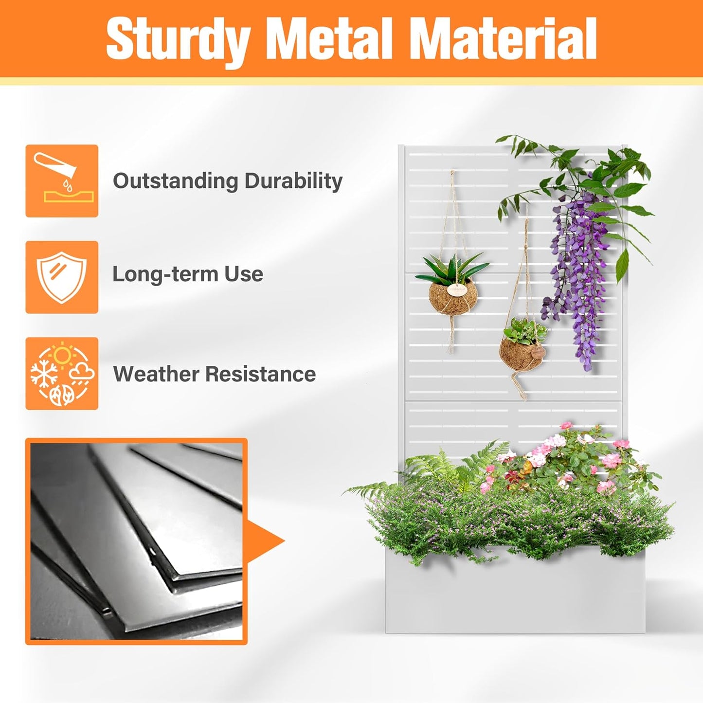 Metal Planter Box with Trellis, Raised Garder Bed with Drainage Hole, Privacy Screen & Trellis for Climbing Plants, Outdoor Plant Stands, 35''L×16''W×71''H, White