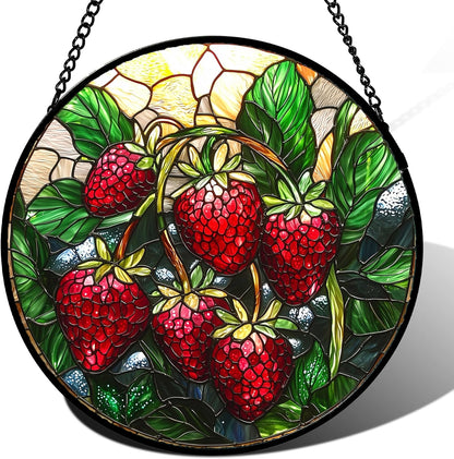 Stained Glass Suncatcher, Red Strawberry Green Leaf Sun Catcher Silver Background Stain Glass Window Hanging Decoration Mother's Day Birthday Gifts for Women Men Mom Nana 9.8 in