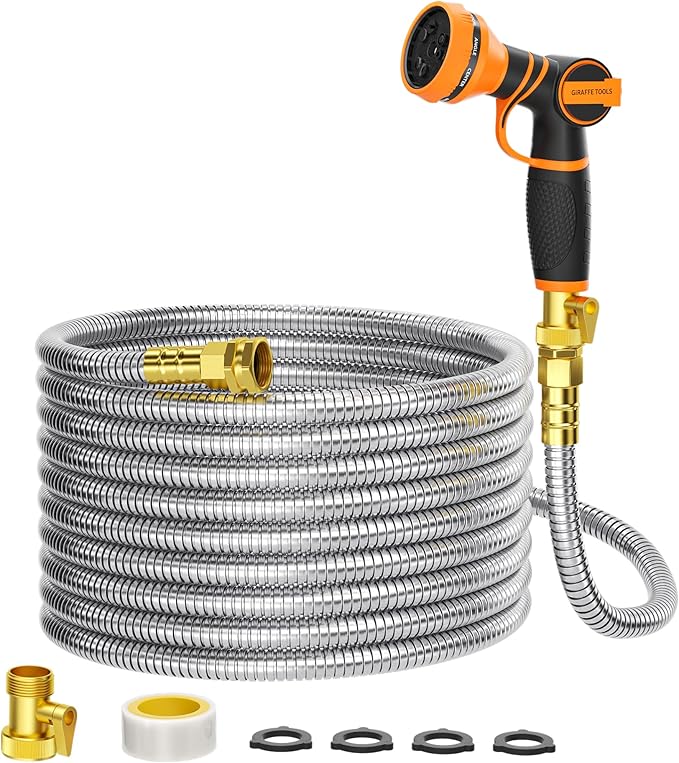 Girafe Tools Garden Hose 75ft x 5/8", 304 Stainless Steel Metal Water Hose, No Kink Garden Water Hose with 9 Pattern Spray Nozzle, Flexible, Lightweight, Kink Free Hose for Yard, Outdoor