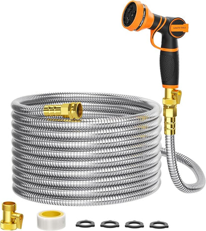 Girafe Tools Garden Hose 75ft x 5/8", 304 Stainless Steel Metal Water Hose, No Kink Garden Water Hose with 9 Pattern Spray Nozzle, Flexible, Lightweight, Kink Free Hose for Yard, Outdoor