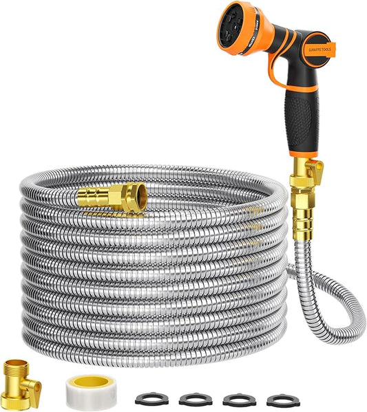 Girafe Tools Garden Hose 75ft x 5/8", 304 Stainless Steel Metal Water Hose, No Kink Garden Water Hose with 9 Pattern Spray Nozzle, Flexible, Lightweight, Kink Free Hose for Yard, Outdoor