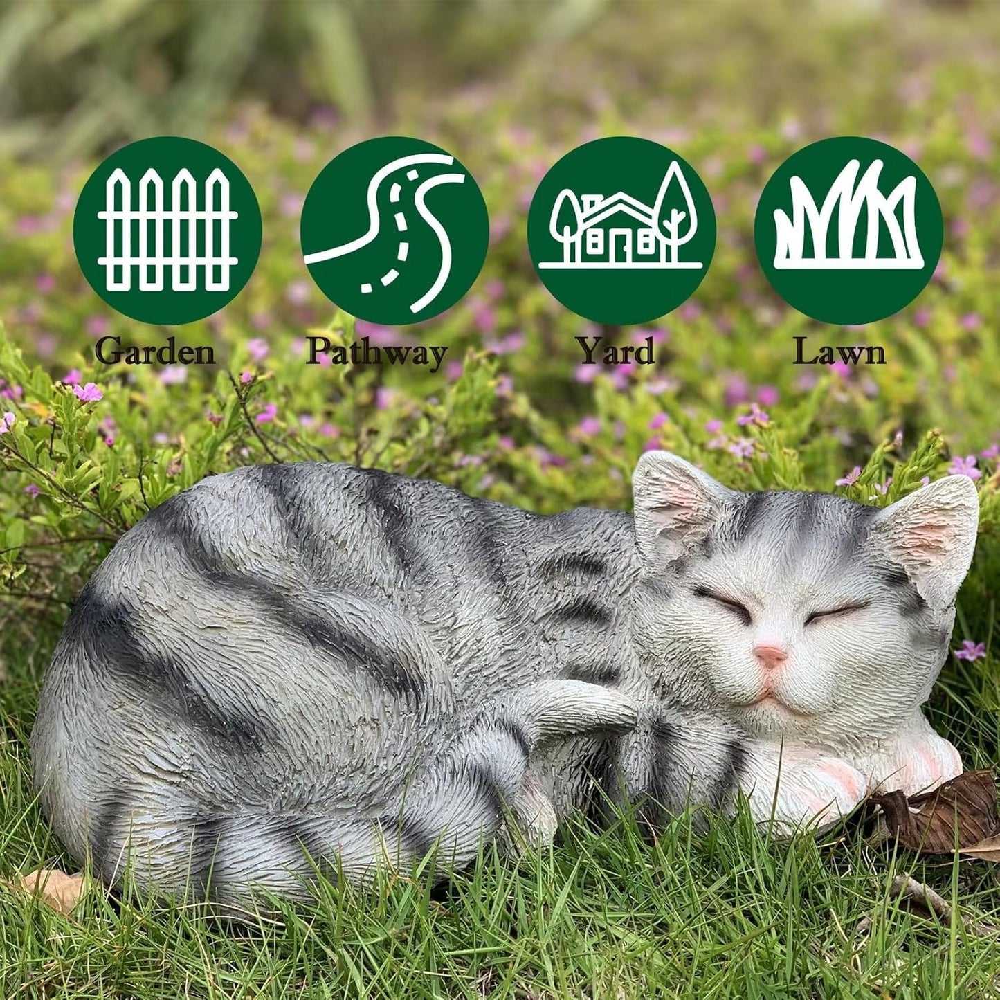 Sleeping Cat Statue Garden Decor, Outdoor Cat Sculpture & Figurine Lawn Ornament, Grey Tabby Statue for Patio, Lawn, Yard Decorative, Cute Kitten Memorial Grave Accessory