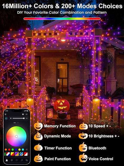 Smart LED Halloween String Lights with Remote & App 66FT 200LED, Waterproof RGB Dimmable Clear Wire Christmas Lights, Color Changing Christmas Tree Light Outdoor Indoor with Timer for Halloween Decor