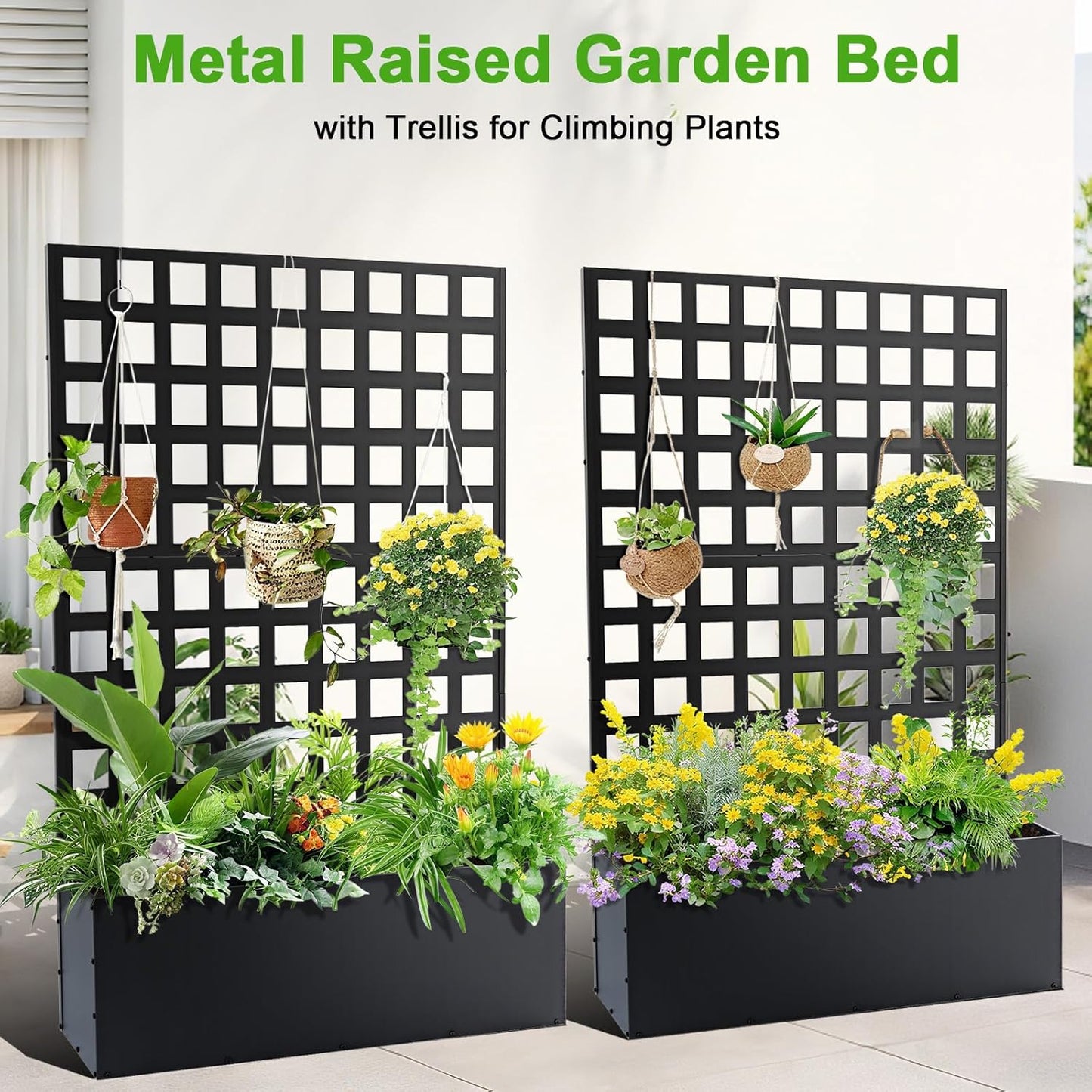 GarveeLife Metal Planter Box with Trellis, 71 in x47 in x12 in Raised Garden Bed with Trellis, Outdoor Garden Box with Privacy Screen & Drainage Holes for Climbing Plants Flower Vegetable, Black