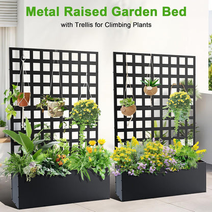 GarveeLife Metal Planter Box with Trellis, 71 in x47 in x12 in Raised Garden Bed with Trellis, Outdoor Garden Box with Privacy Screen & Drainage Holes for Climbing Plants Flower Vegetable, Black