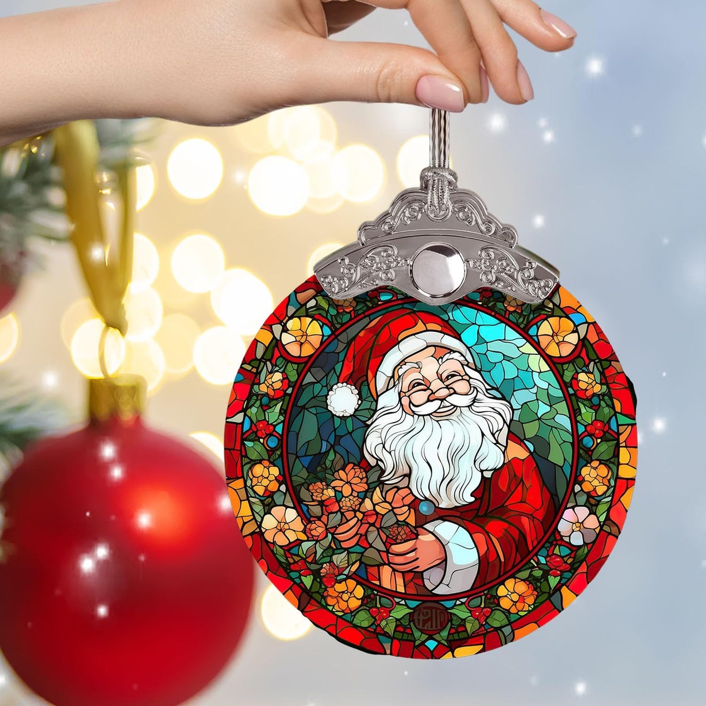 Santa Claus Colorful Christmas Ornament, Stained Glass Xmas Hanging Decor, Retro Style Funny Santa Ornaments Gift