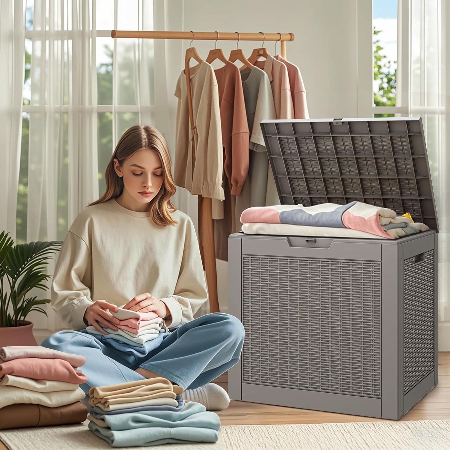 Outdoor Storage Box, Resin Deck Boxes Indoor and outdoor, Waterproof Storage Box Lockable Lid (Grey, 35 Gallon)