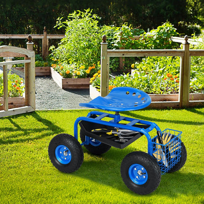 Giantex Rolling Garden Work Seat, 360 Swivel Gardening Workseat with Wheels, Tool Basket, Adjustable Height, Outdoor Scooter for Sitting, Gardening Stool Chair for Planting Trimming, Blue