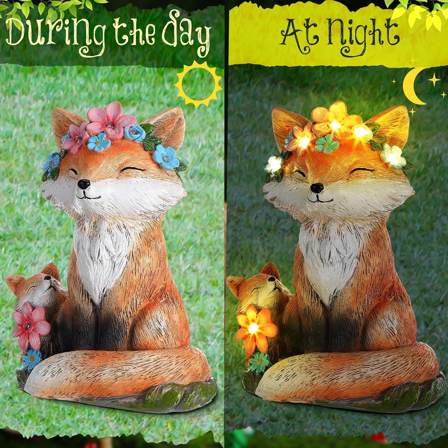 Leinuosen Fox Statue with Solar Power Light for Garden Decor Lighted Resin Fox Gifts for Women Mom Grandma Outdoor Animal Garden Statue Patio Porch Yard Lawn Courtyard Backyard Indoor Shelf Decoration