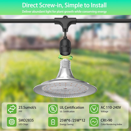 6-Light Outdoor LED Grow Lights – Waterproof Full Spectrum Greenhouse Lights for Plants, 21.3FT Adjustable String Lights with 288 LEDs E26 Base Bulbs, IP44 Waterproof for Garden, Farm, Yard