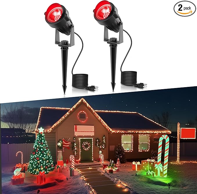 LOHAS Landscape Red Christmas Spot Lights Outdoor, 10W Dusk to Dawn Sensor LED Spotlights for Yard, IP66 Waterproof Pathway Garden Outside Lights, 9.84-ft Cord, Red Lawn Decor Lamp, UL Listed,2 Pack