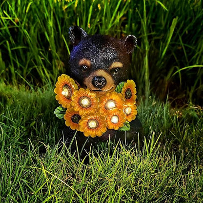ILLUMINEW Solar Garden Lights Outdoor Statues Black Bear with Sunflowers, Sculpture Decor Mother Gifts for Women, Men or Daughter, Unique Garden Statues for Housewarming Gifts