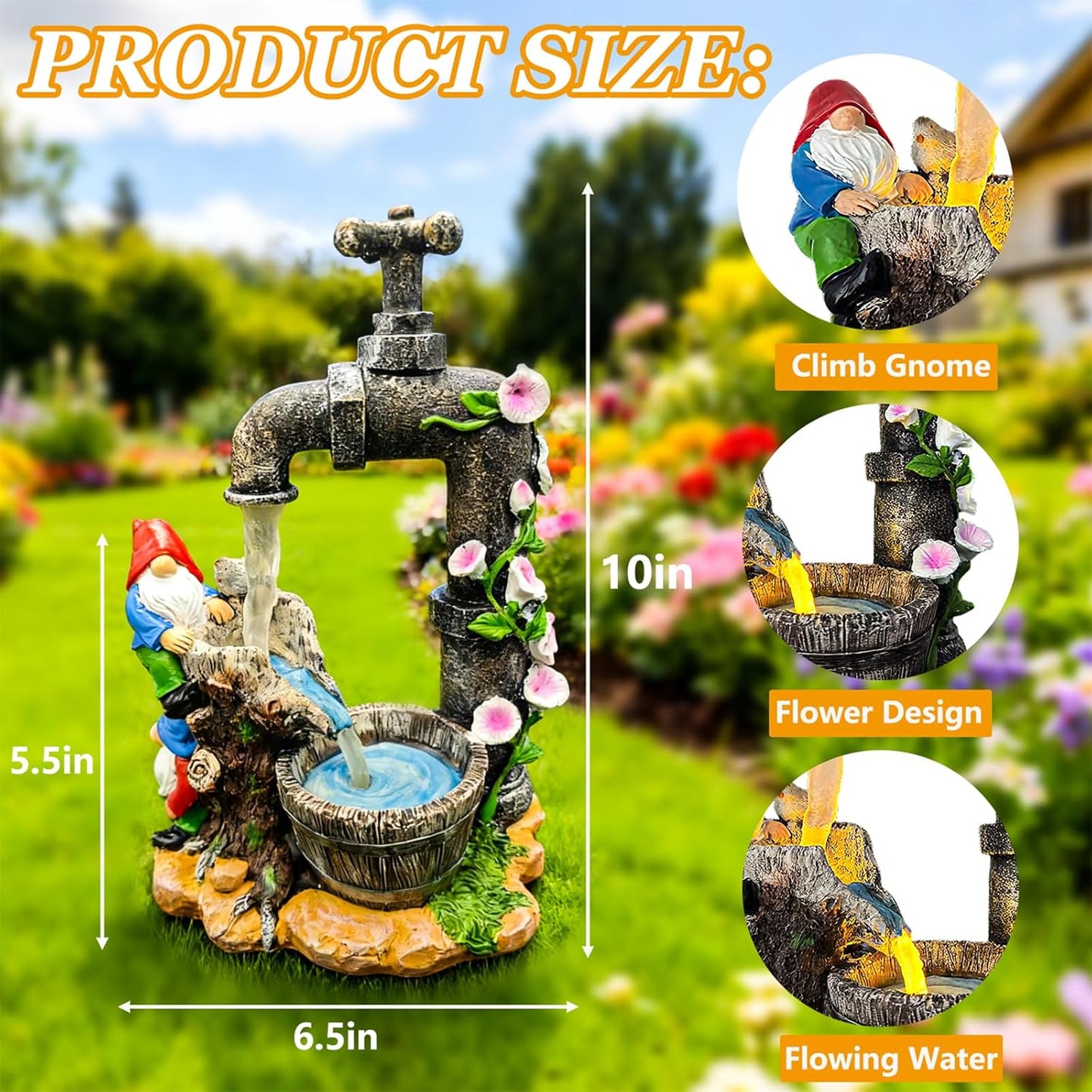 Solar Garden Gnomes Statues Outdoor Yard Decorations, 10" Resin Fountain Gnome Outside Christmas Art Decor for Lawn Patio Porch Backyard,Unique Housewarming Gifts for Women Mom Grandma