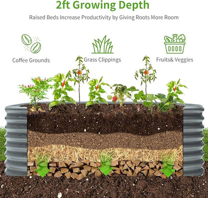 Land Guard 24“ Tall 4×2ft Galvanized Raised Garden Bed Kit, Galvanized Planter Garden Boxes Outdoor, Oval Large Metal Raised Garden Bed for Vegetables(Modern Gray, 4×2×2ft)
