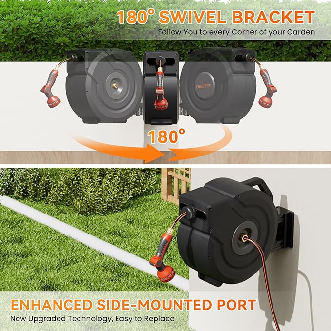 NEOTEC Retractable Garden Hose Reel 1/2 inch x 100ft - Wall Mounted Heavy Duty Hose Reel with 3/4 Inch Brass Fittings & 9-Pattern Nozzle - Auto Rewind System, Any Length Lock, 180° Swivel Bracket