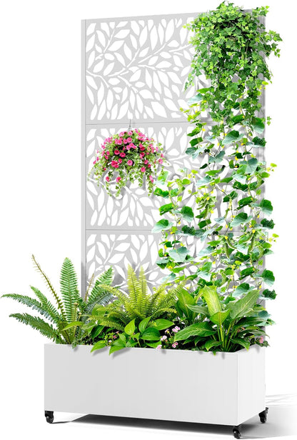 Metal Raised Garden Bed with Trellis, 2 in 1 Trellis with Planter Box & Privacy Screen for Climbing Plants, Vine, Outdoor Standing Flower Beds with Drainage Holes, 35.4"L x 15.7"W x 70.10"H,(White)