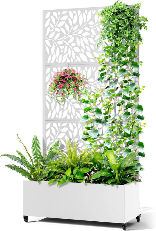 Metal Raised Garden Bed with Trellis, 2 in 1 Trellis with Planter Box & Privacy Screen for Climbing Plants, Vine, Outdoor Standing Flower Beds with Drainage Holes, 35.4"L x 15.7"W x 70.10"H,(White)