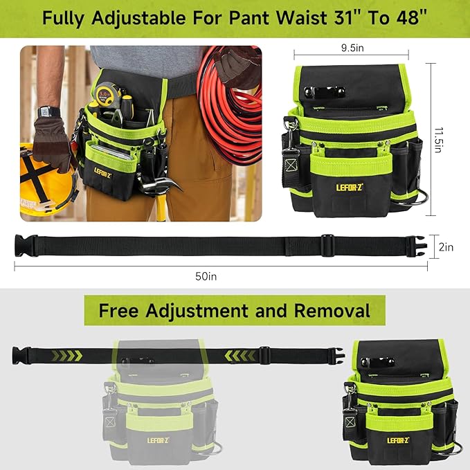 Tool Belt,Magnetic Tool Pouch,14-Pockets Tool Belts for Men,Detachable & Adjustable Tool Pouch belt for Electrician,Carpenter,Construction,Work Apron,Utility Belt,Black-Green