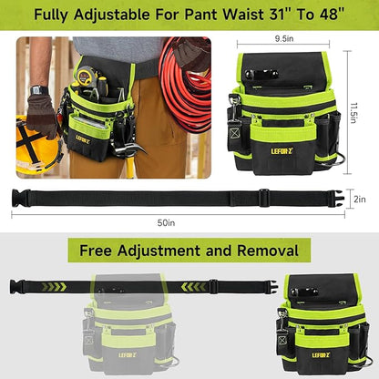 Tool Belt,Magnetic Tool Pouch,14-Pockets Tool Belts for Men,Detachable & Adjustable Tool Pouch belt for Electrician,Carpenter,Construction,Work Apron,Utility Belt,Black-Green