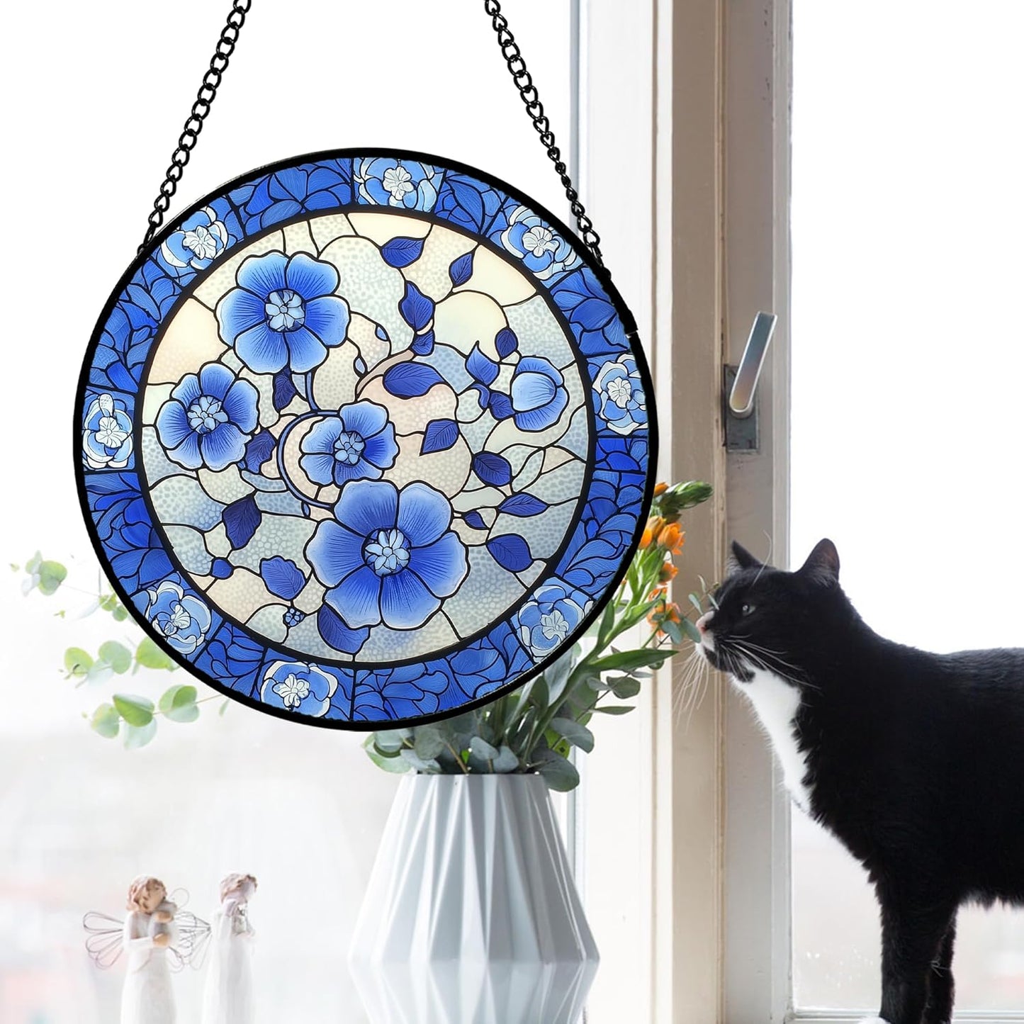Stained Glass Window Hanging, Blue and White Plum Blossom Sun Catcher for Door Home Decor Flowers Suncatcher Christmas Mother's Day Birthday Gifts for Women Men Mom and Nana 15 in