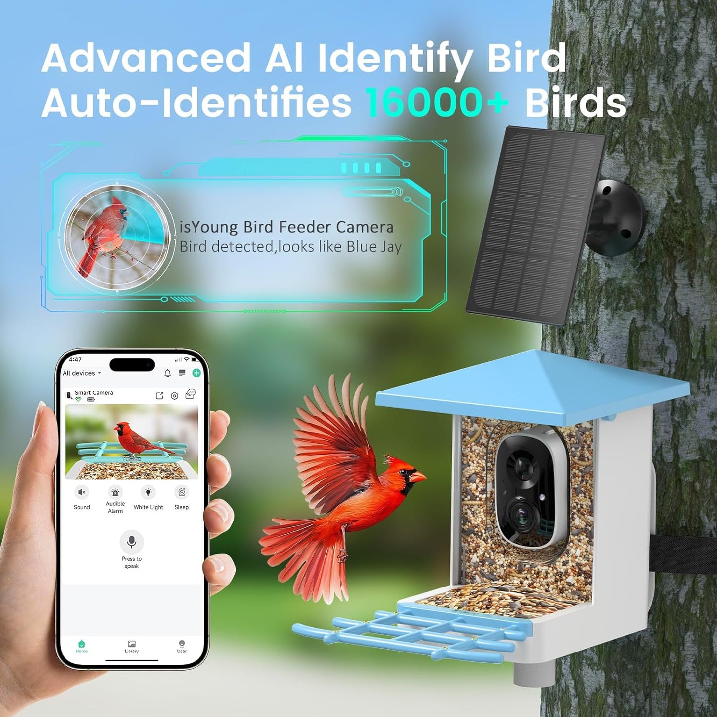 Smart Bird Feeder with Camera, AI Auto-Capture & Motion Detection, 5W Solar Panel, 170° View, Identify 16,000+ Birds, 2K HD Video, Ideal Gift for Outdoor Bird Watching(Blue)