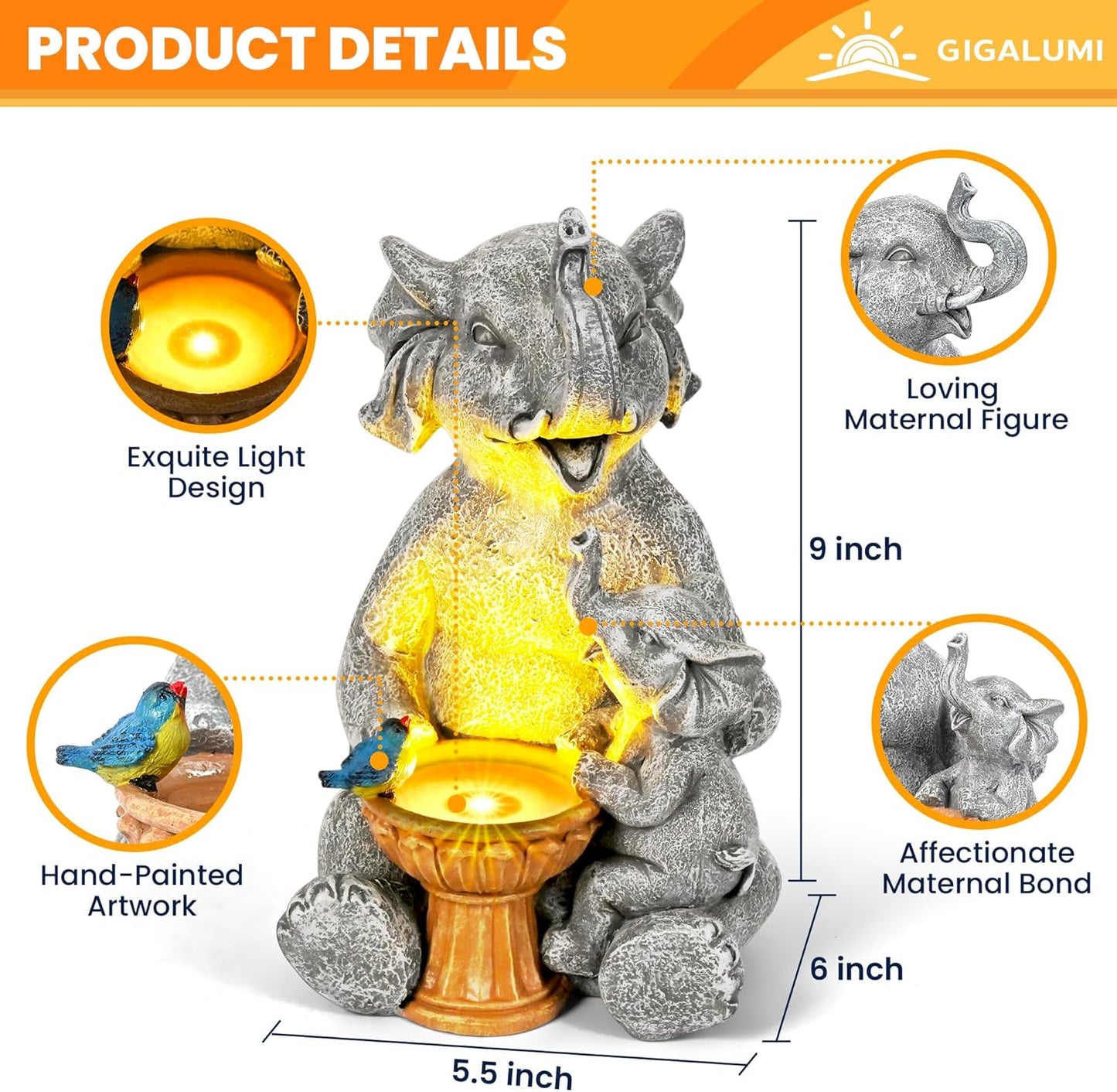 GIGALUMI Solar Garden Decor Bird Bath Elephant Statues Outdoor, Birthday Gifts for Women, Gifts for Mom Grandma Senior Elder, Elephant Ornament for Balcony, Garden, Patio, Yard, Lawn