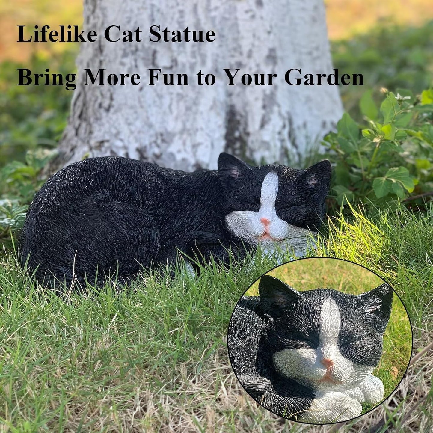 Sleeping Cat Statue Garden Decor, Outdoor Cat Sculpture & Figurine Lawn Ornament, Black & White Tabby Statue for Patio, Lawn, Yard Decorative, Cute Kitten Memorial Grave Accessory