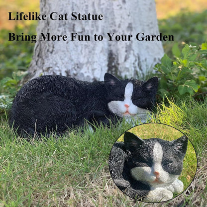 Sleeping Cat Statue Garden Decor, Outdoor Cat Sculpture & Figurine Lawn Ornament, Black & White Tabby Statue for Patio, Lawn, Yard Decorative, Cute Kitten Memorial Grave Accessory