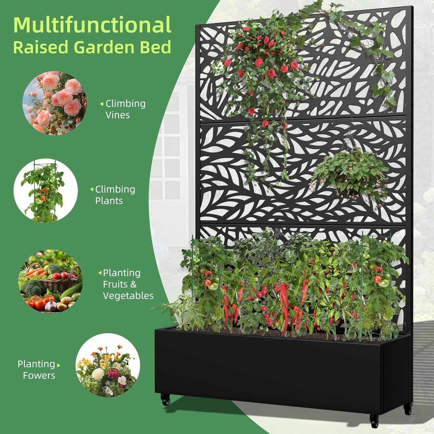 Casaphoria Metal Raised Garden Bed with Trellis and Wheels, 72"x 47"x 16" Planter Box for Climbing Plants, Vegetables & Vines, Features Drainage Holes and Privacy Screen,Black(Black-Spring&Net)