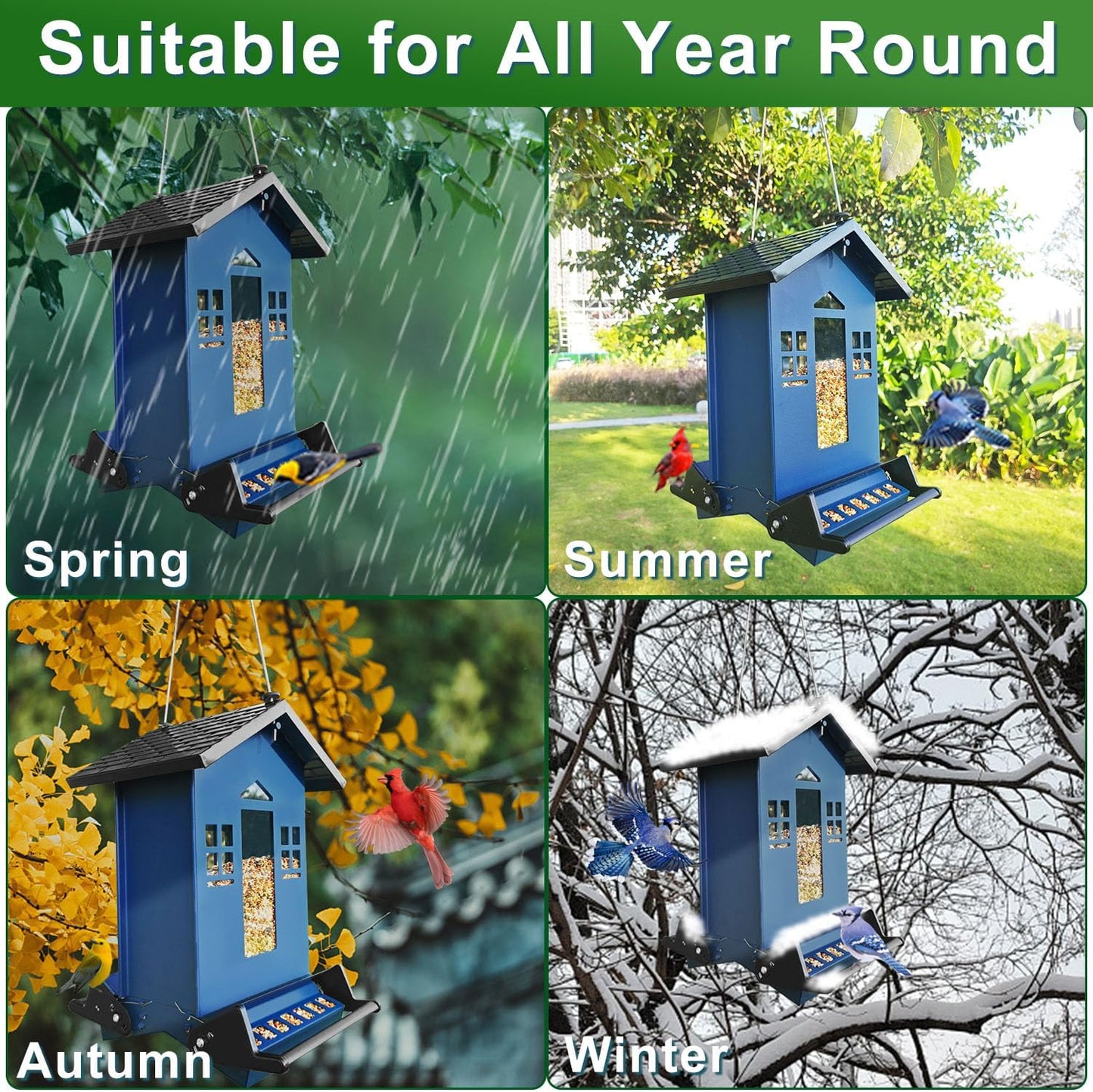Squirrel Proof Bird Feeder for Outdoors, 6LBS Large Capacity Hanging Bird Seed Feeders for Outside, Weight-Activated Perches Metal Wild Birdfeeder for Blue Jay, Cardinal (Blue)