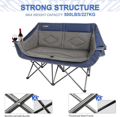 Oversized Double Camping Chair-Heavy Duty 2 Person Folding Loveseat Camp Couch for Adults,Portable Outdoor Lawn Chairs with Padded Seat for Fishing,Sports and Patio,Supports 500 LBS,Blue