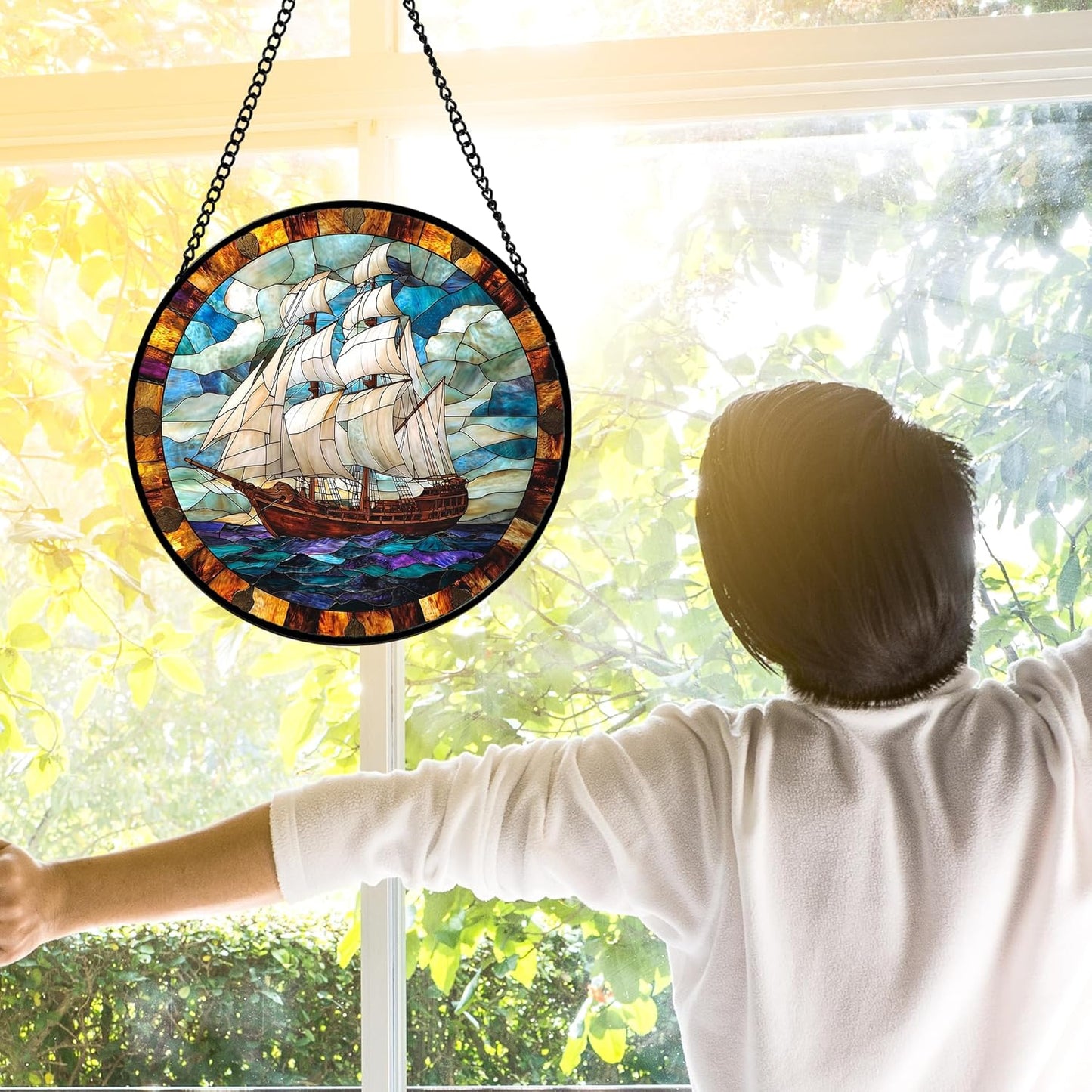 Stained Glass Window Hanging, Sailing Ocean Sun Catchers Glass Panel Navigation Suncatcher Decor for Birthday for Women, Men, Wife, Aunt, and Mom 9.8 in