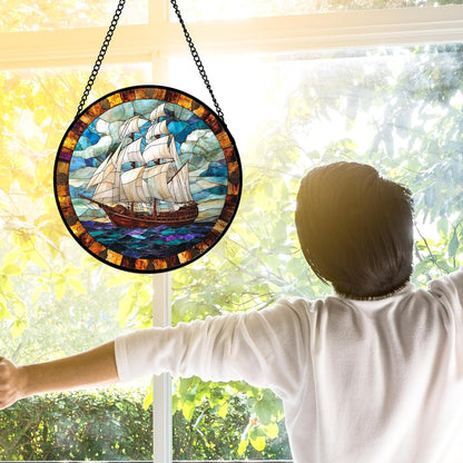 Stained Glass Window Hanging, Sailing Ocean Sun Catchers Glass Panel Navigation Suncatcher Decor for Birthday for Women, Men, Wife, Aunt, and Mom 6.3 in