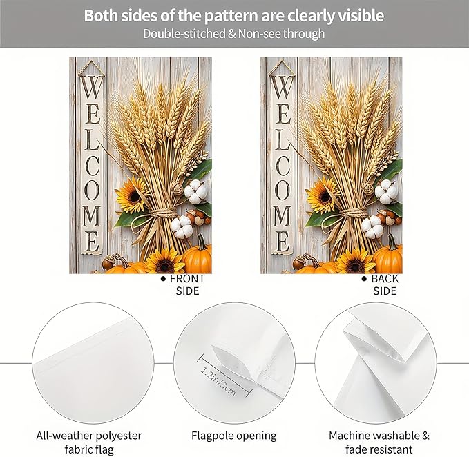 Thanksgiving Fall Garden Flag 12x18 Inch Welcome Wheat Sunflower Cotton Flag Double Sided Rustic Autumn Yard Banner for Porch Lawn Patio Seasonal Decor