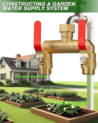 Hose Splitter 2 Way Heavy Duty, Full Flow Garden Hose Splitter with 2 Long Metal Handles, Brass Rust and Freeze Resistant Water Hose Bib Splitter, T Adapter Connector with 3/4 - Inch GHT Thread（Red）
