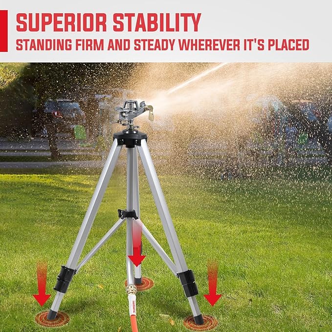 YAMATIC Impact Sprinkler on Tripod Base, 50-inch Heavy Duty Metal Sprinkler for Yard, 360 Degree Rotating Zinc Head for Large Area, 3/4" Brass Connector, Extension Legs Flip Locks, Spray up to 20-90ft
