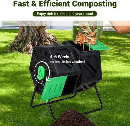 Goplus Compost Bin, Dual Chamber 34.5 Gal Compost Tumbler with 2 Rotating Chambers, Sliding Doors, High-Volume Outdoor Garden Composter, Rotating Composting Bin for Garden Yard, BPA Free