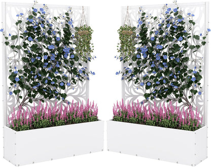 2PCS Metal Planter Box with Trellis,70.9"x47.2"x15.7" Raised Garden Bed with Drainage Holes, Privacy Planters for Outdoor Garden Bed for Climbing Plants,Vegetables,and Vines, White-Flower