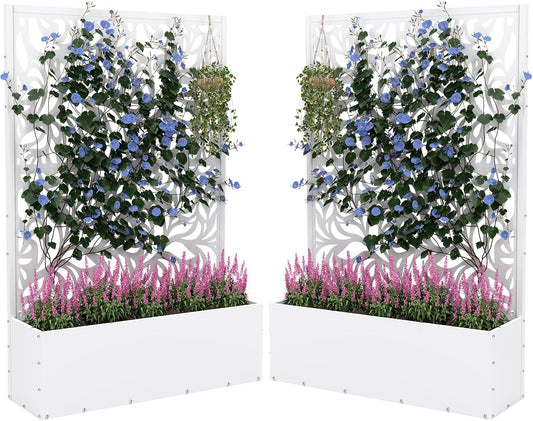 2PCS Metal Planter Box with Trellis,70.9"x47.2"x15.7" Raised Garden Bed with Drainage Holes, Privacy Planters for Outdoor Garden Bed for Climbing Plants,Vegetables,and Vines, White-Flower