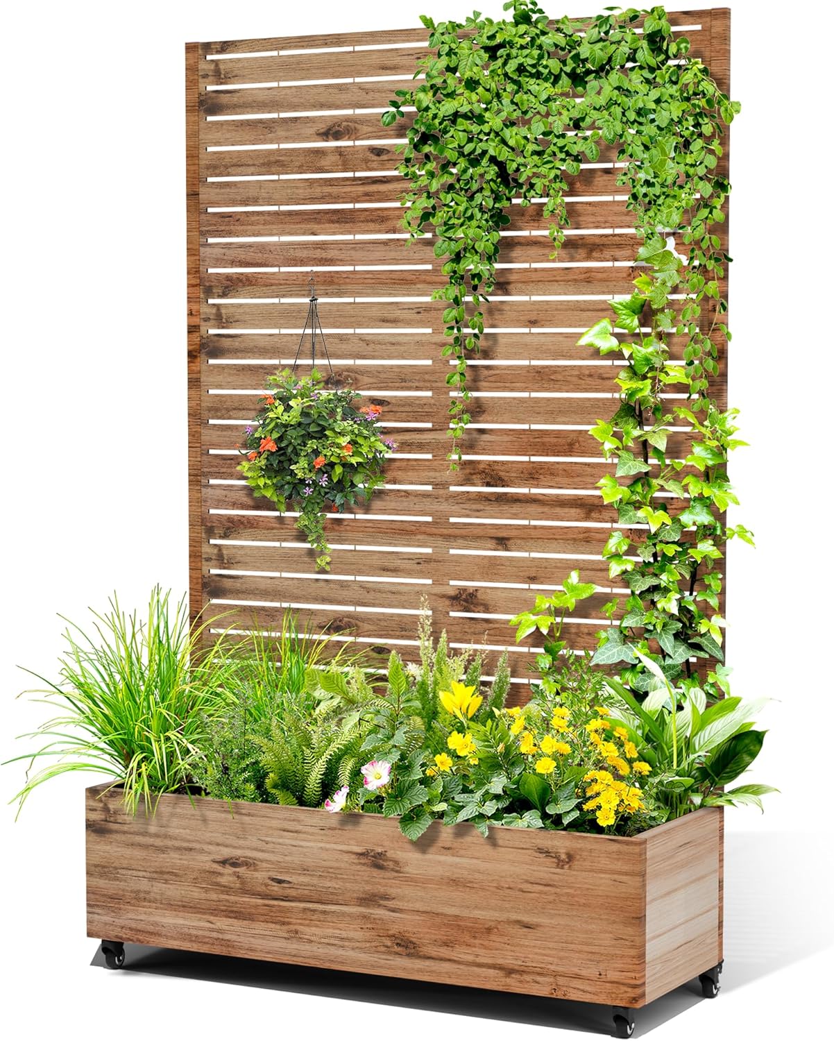 Metal Raised Garden Bed with Trellis, 2-in-1 Planter Box & Privacy Screen for Climbing Plants, Outdoor Standing Flower Bed with Drainage Holes, 47.2" L x 16.7" W x 70.8" H, Natural Wood Grain
