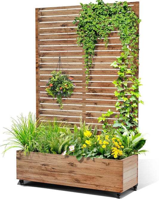 Metal Raised Garden Bed with Trellis, 2-in-1 Planter Box & Privacy Screen for Climbing Plants, Outdoor Standing Flower Bed with Drainage Holes, 47.2" L x 16.7" W x 70.8" H, Natural Wood Grain