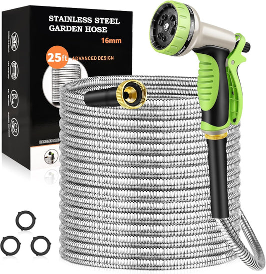 GOXAWEE Garden Hose 25FT, Stainless Steel Heavy Duty Water Hose With 10 Function Nozzle, No-Kink, Tough & Flexible, Sturdy and Lightweight, Rust Proof for Yard, Outdoor, RV