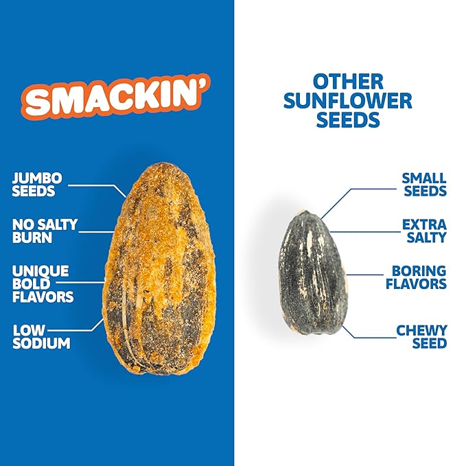 SMACKIN' Sunflower Seeds, Roasted Jumbo Small-Batch, American Made - 6 Flavor Variety. 1.5oz bags (6 Bags)